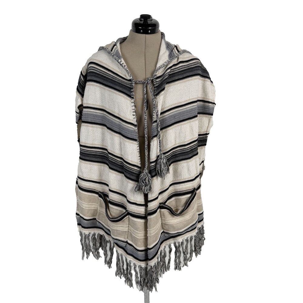 Moth Anthropologie Womens XS Hooded Poncho Sweater Striped Fringed Pom Pom Boho